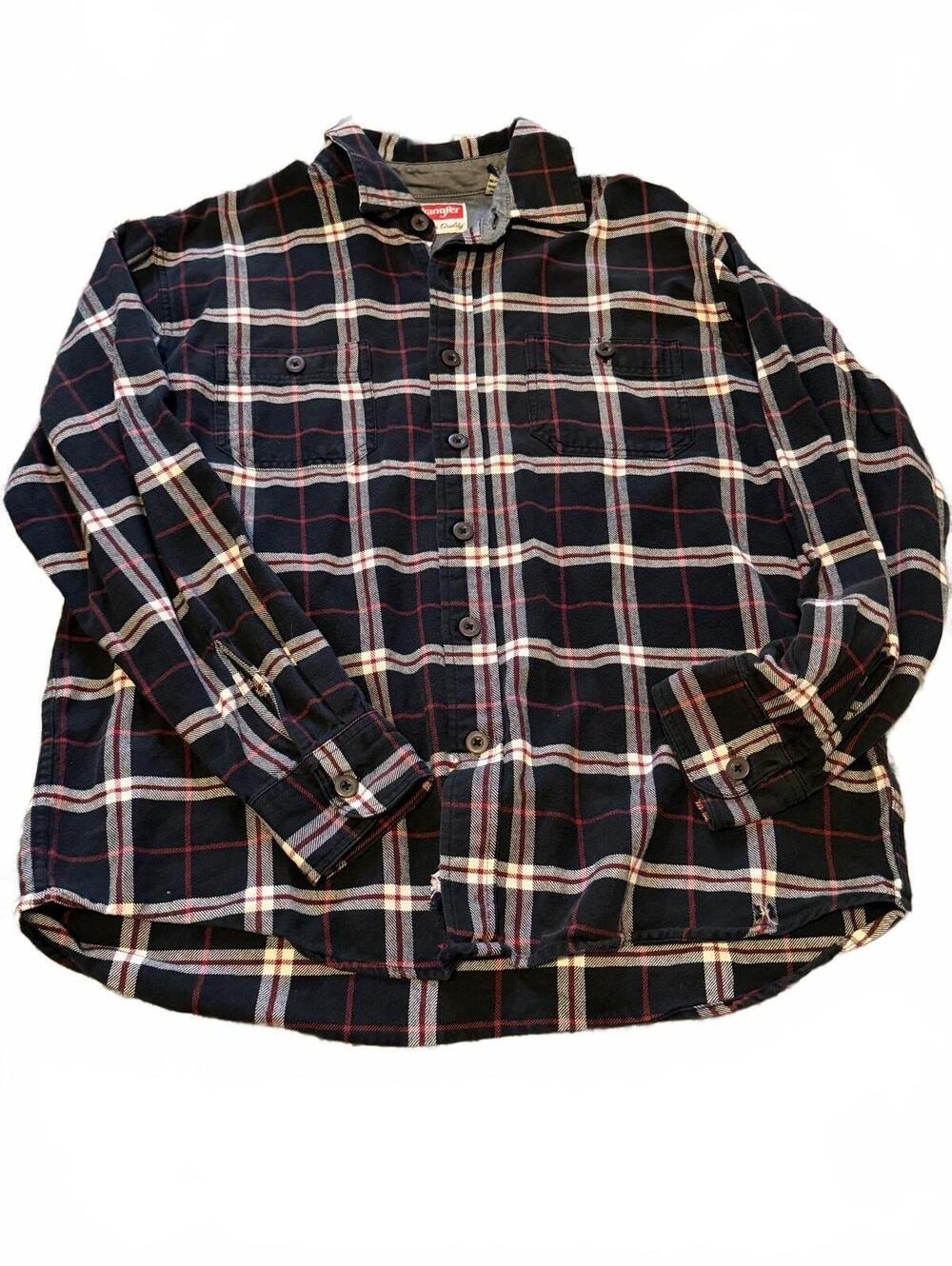 Wrangler Large Black Red Plaid Flannel Shirt 100% Cotton Western Grunge